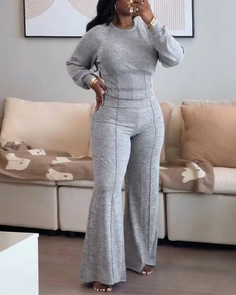 2 Pieces Outfit O-neck Long Sleeve Cinched Waist Sweatshirt and Elastic Waist Wide Leg Pants Set Casual Seam Design Sweatpants Set