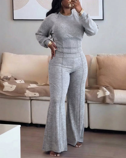2 Pieces Outfit O-neck Long Sleeve Cinched Waist Sweatshirt and Elastic Waist Wide Leg Pants Set Casual Seam Design Sweatpants Set