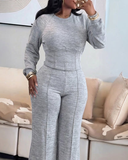 2 Pieces Outfit O-neck Long Sleeve Cinched Waist Sweatshirt and Elastic Waist Wide Leg Pants Set Casual Seam Design Sweatpants Set