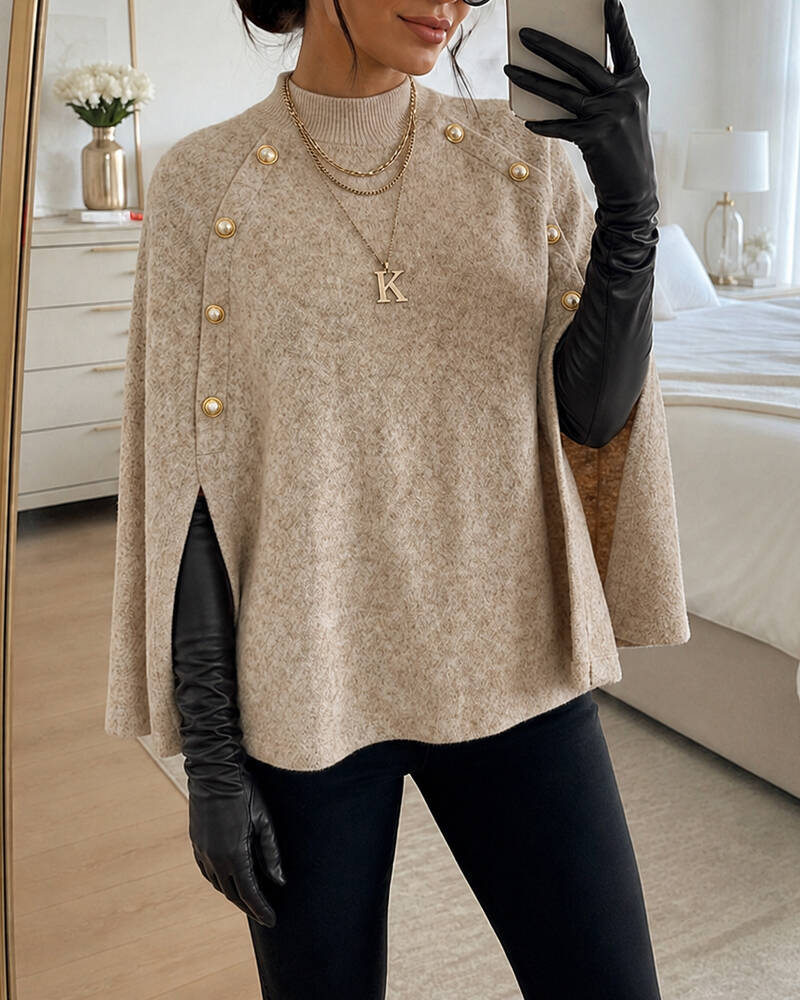Women's Mock Neck Cape Knit Sweater Loose Old Money Style Pullover Side Slit Batwing Sleeve Winter Warm Cozy Top
