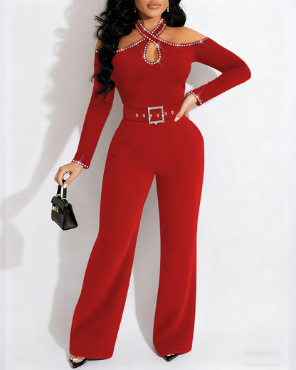 Rhinestone Decor Halter Cold Shoulder Long Sleeve Overalls Hollow-out Front Zipper Back Jumpsuit with Belt
