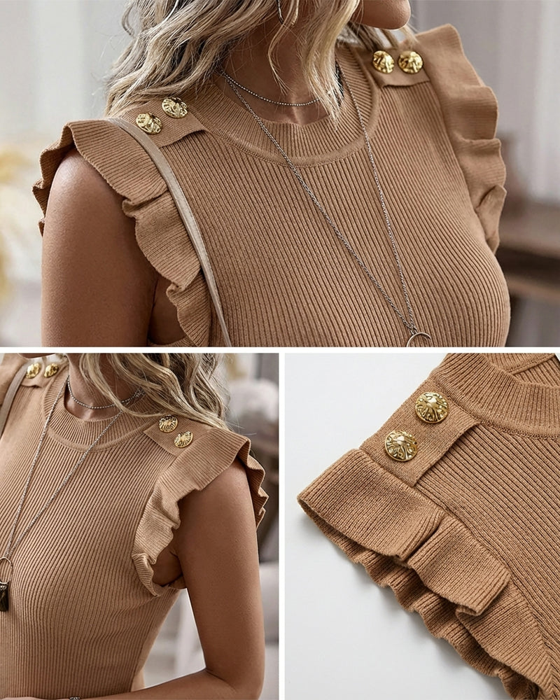 Women's Flutter Sleeve Knit Top Crewneck Golden Buttons Slim Fit Ribbed Tank Top