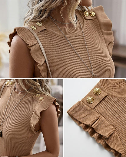 Women's Flutter Sleeve Knit Top Crewneck Golden Buttons Slim Fit Ribbed Tank Top