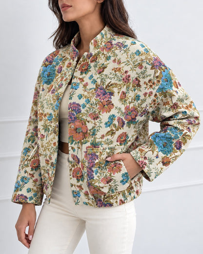 Women's Vintage Floral Jacquard Jacket Elegant Stand Collar Snap Button Loose Fit Coat