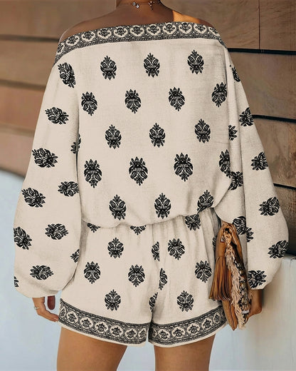 2 Pieces Outfit Boho Skew Neck Lantern Sleeve Top and Elastic Waist Shorts Set Casual Vintage Baroque Placement Print Vacation Set