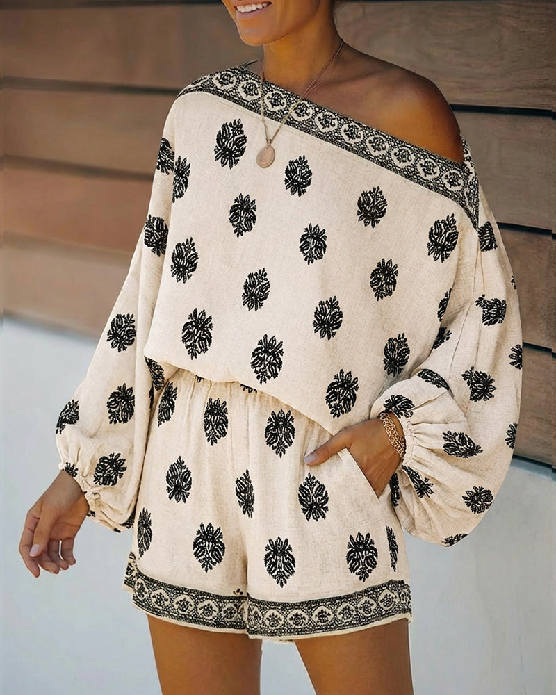 2 Pieces Outfit Boho Skew Neck Lantern Sleeve Top and Elastic Waist Shorts Set Casual Vintage Baroque Placement Print Vacation Set