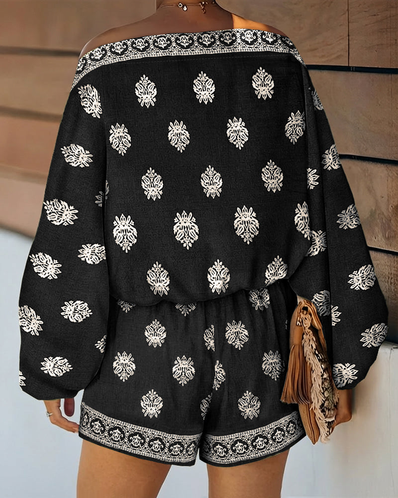 2 Pieces Outfit Boho Skew Neck Lantern Sleeve Top and Elastic Waist Shorts Set Casual Vintage Baroque Placement Print Vacation Set