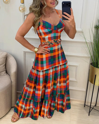 Women's Colorblock Plaid Hollow-out Maxi Dress V Neck Backless Ruffle Cami Dress Casual Shirred Beach Sundress