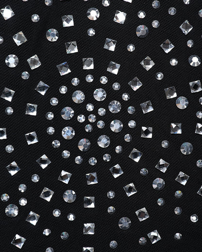 Rhinestone Decor Mock Neck Long Sleeve Bodysuit Sexy Hollow-out Back Slim Fit Sheer Mesh Bodysuit