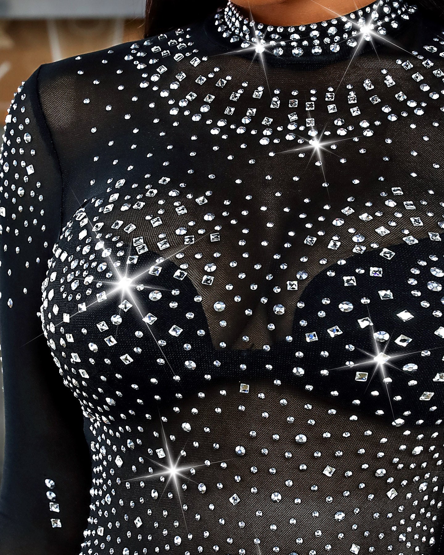 Rhinestone Decor Mock Neck Long Sleeve Bodysuit Sexy Hollow-out Back Slim Fit Sheer Mesh Bodysuit