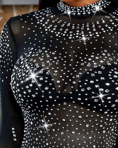 Rhinestone Decor Mock Neck Long Sleeve Bodysuit Sexy Hollow-out Back Slim Fit Sheer Mesh Bodysuit