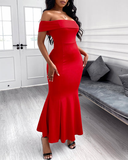 Off Shoulder Ruffle Hem Slim Fit Maxi Evening Dress Sexy Dress
