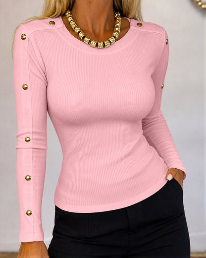 Women's Gold Studded Long Sleeve Rib-Knit T-Shirt Slim Fit Round Neck Top