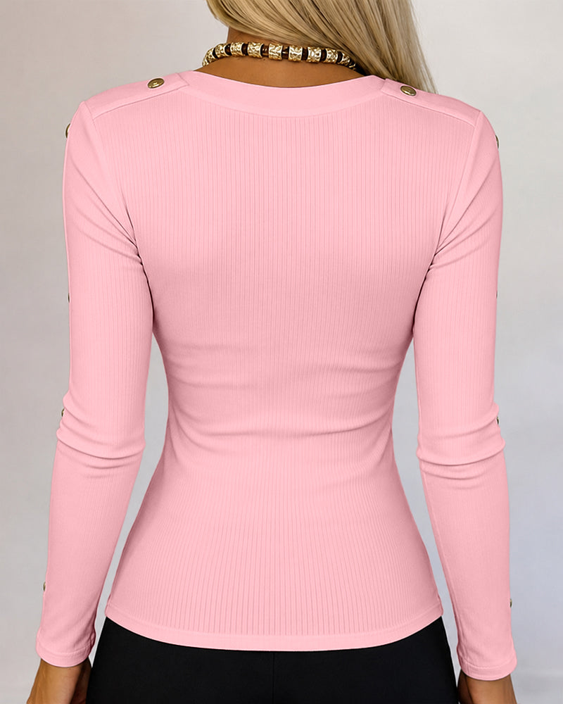 Women's Gold Studded Long Sleeve Rib-Knit T-Shirt Slim Fit Round Neck Top