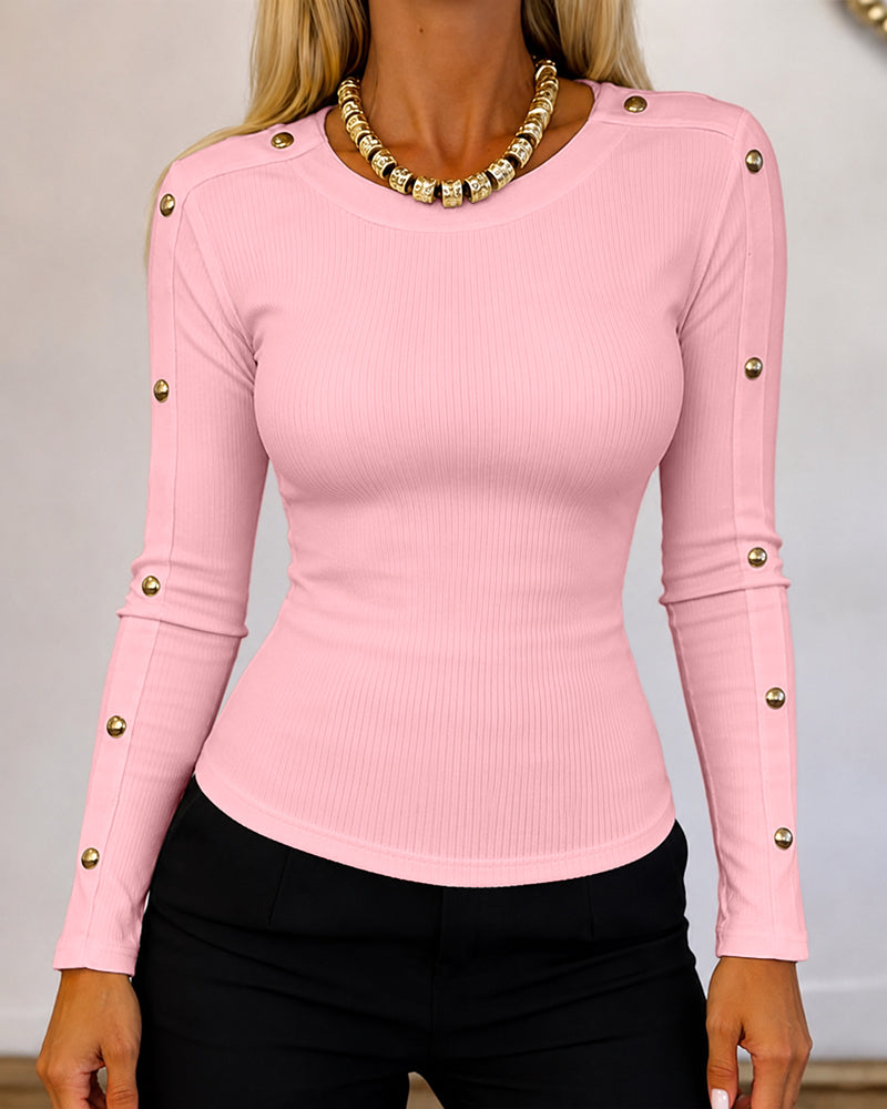 Women's Gold Studded Long Sleeve Rib-Knit T-Shirt Slim Fit Round Neck Top