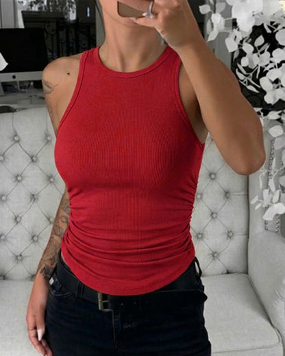 Round Neck Sleeveless Side Ruched Tank Slim Fit Ribbed Racerback Tank Top