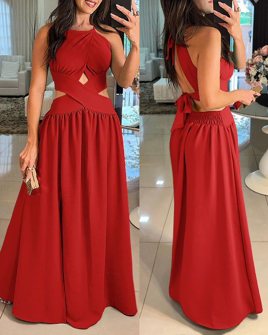 Neckholder, ärmelloses, gerafftes, überkreuztes, ausgestelltes Kleid mit gebundenem Detail. Glamouröses Abendkleid