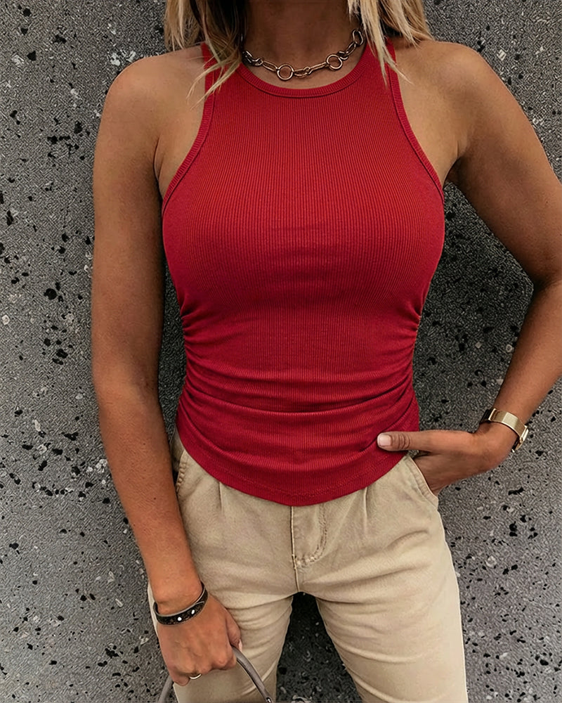 Round Neck Sleeveless Side Ruched Tank Slim Fit Ribbed Racerback Tank Top
