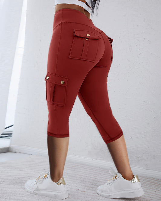 Gesäßhebende Biker-Capri-Leggings mit hoher Taille und Klappentasche, Workout-Caprihose, Fitnessstudio-Hose