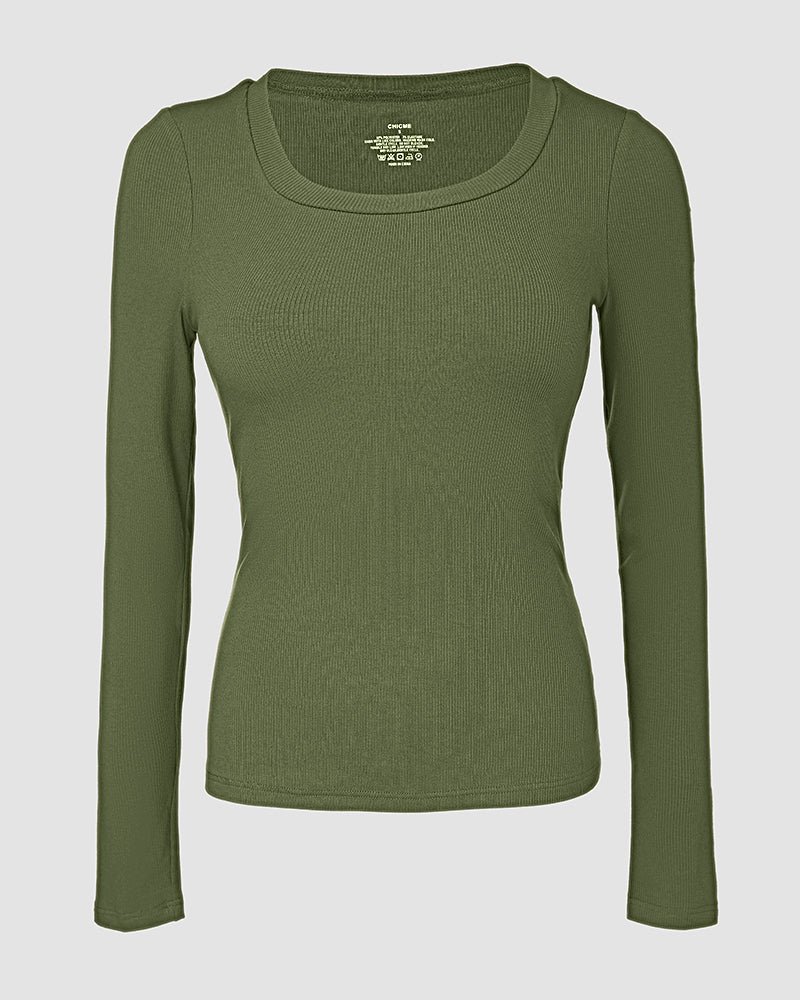 ChicMe Built-in Bra U-Neck Long Sleeve Ribbed Top