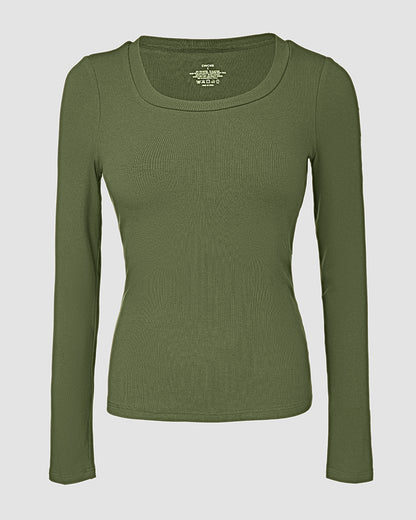 ChicMe Built-in Bra U-Neck Long Sleeve Ribbed Top