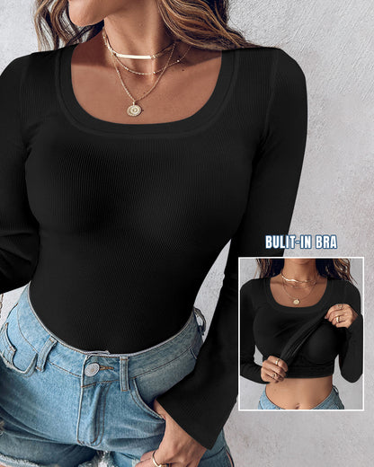 ChicMe Built-in Bra U-Neck Long Sleeve Ribbed Top