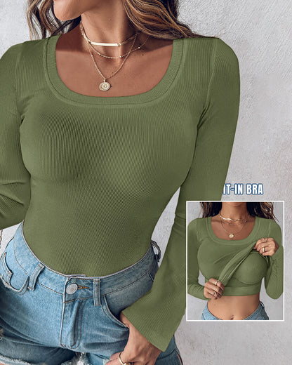 ChicMe Built-in Bra U-Neck Long Sleeve Ribbed Top
