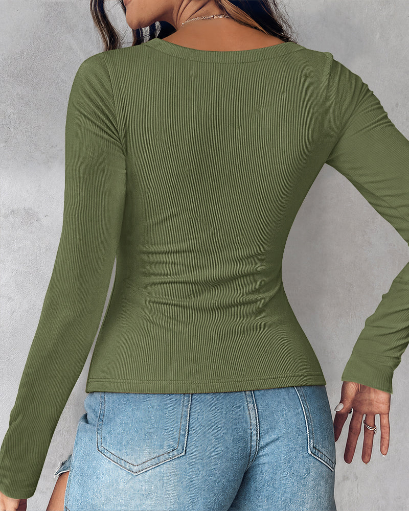 ChicMe Built-in Bra U-Neck Long Sleeve Ribbed Top