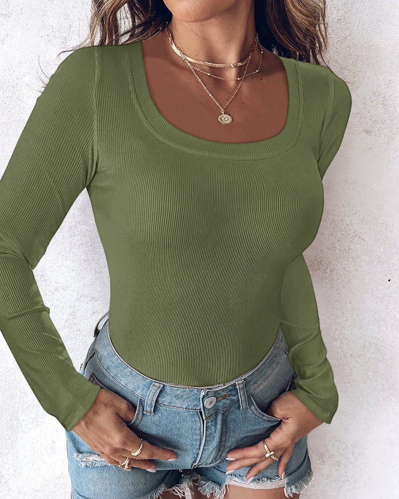 ChicMe Built-in Bra U-Neck Long Sleeve Ribbed Top