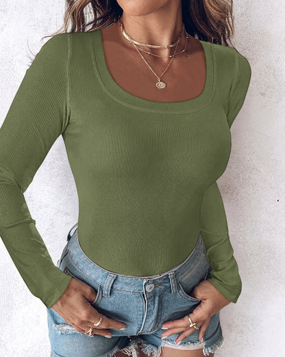 ChicMe Built-in Bra U-Neck Long Sleeve Ribbed Top