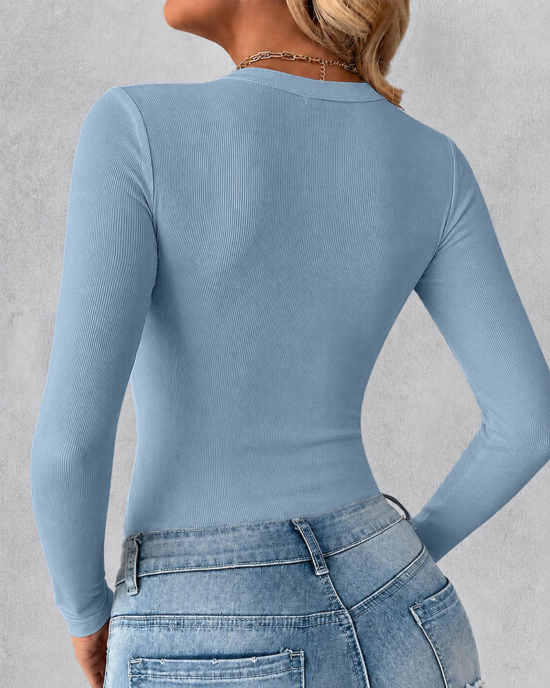 Women's V Neck Long Sleeve Ribbed Knit Top Slim Fit Base Layer Shirt Soft Stretchy Casual Tee with Built-in Bra