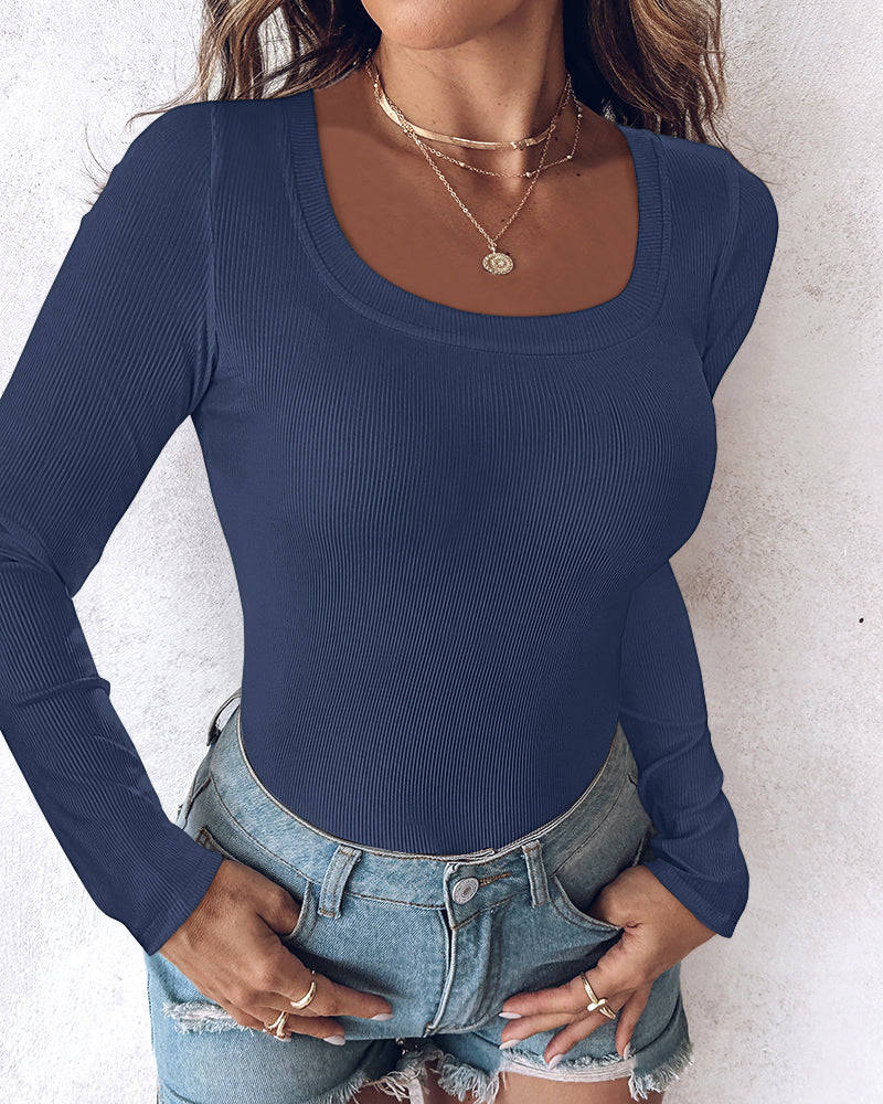 ChicMe Built-in Bra U-Neck Long Sleeve Ribbed Top