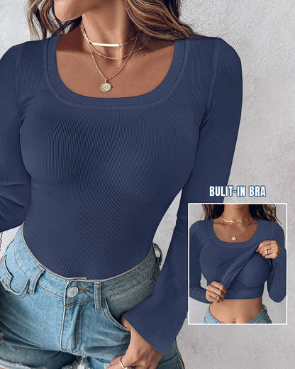 ChicMe Built-in Bra U-Neck Long Sleeve Ribbed Top