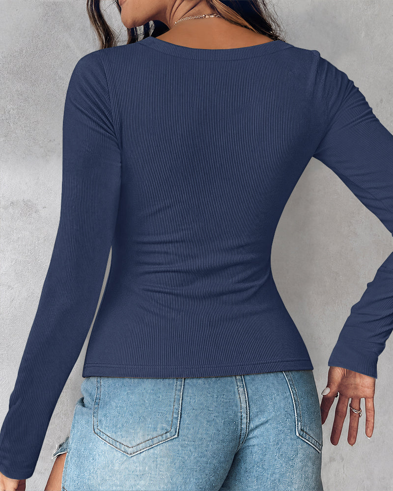 ChicMe Built-in Bra U-Neck Long Sleeve Ribbed Top