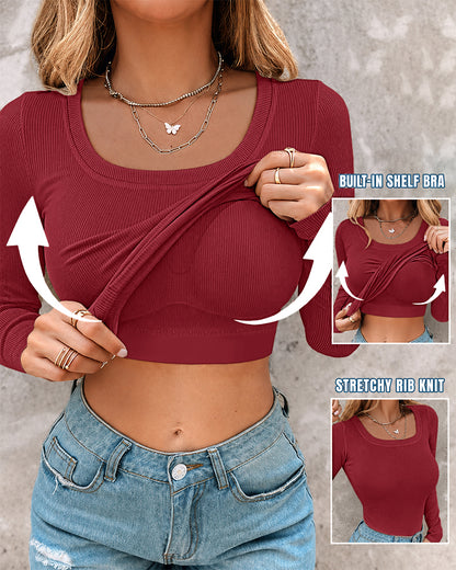 ChicMe Built-in Bra U-Neck Long Sleeve Ribbed Top