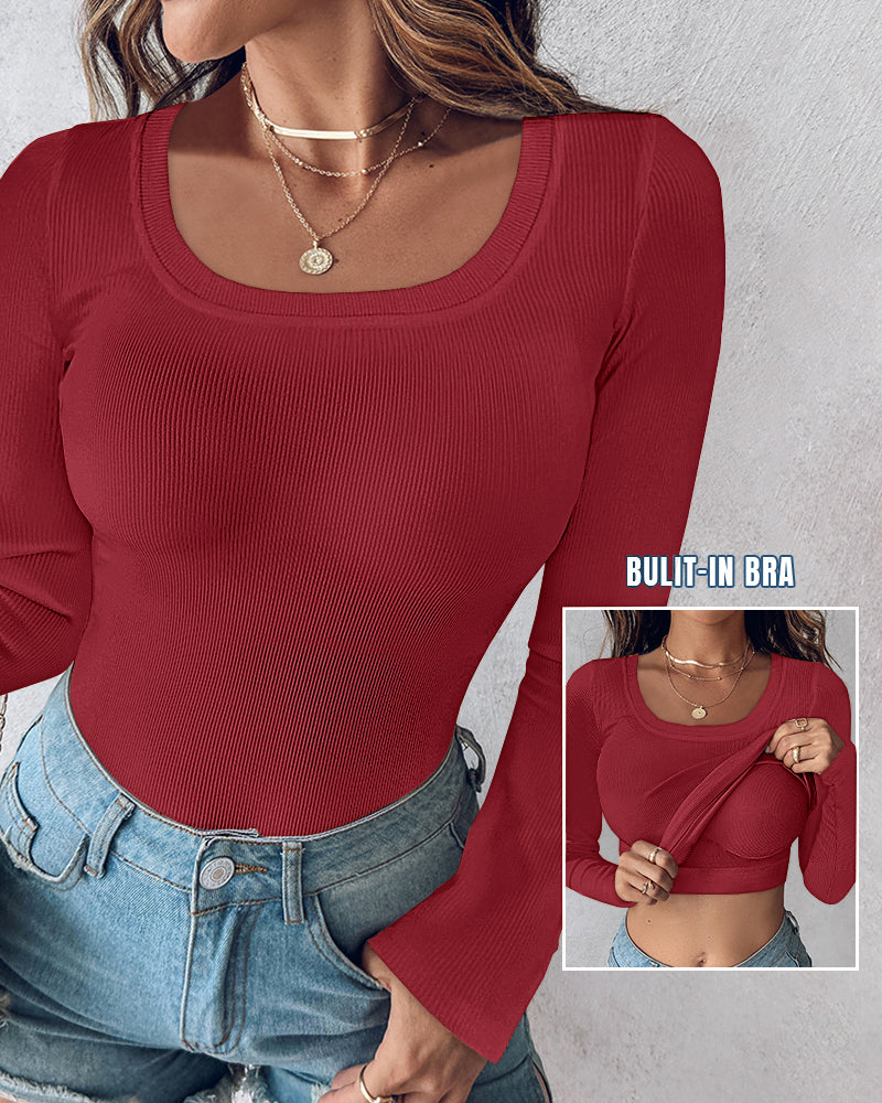 ChicMe Built-in Bra U-Neck Long Sleeve Ribbed Top