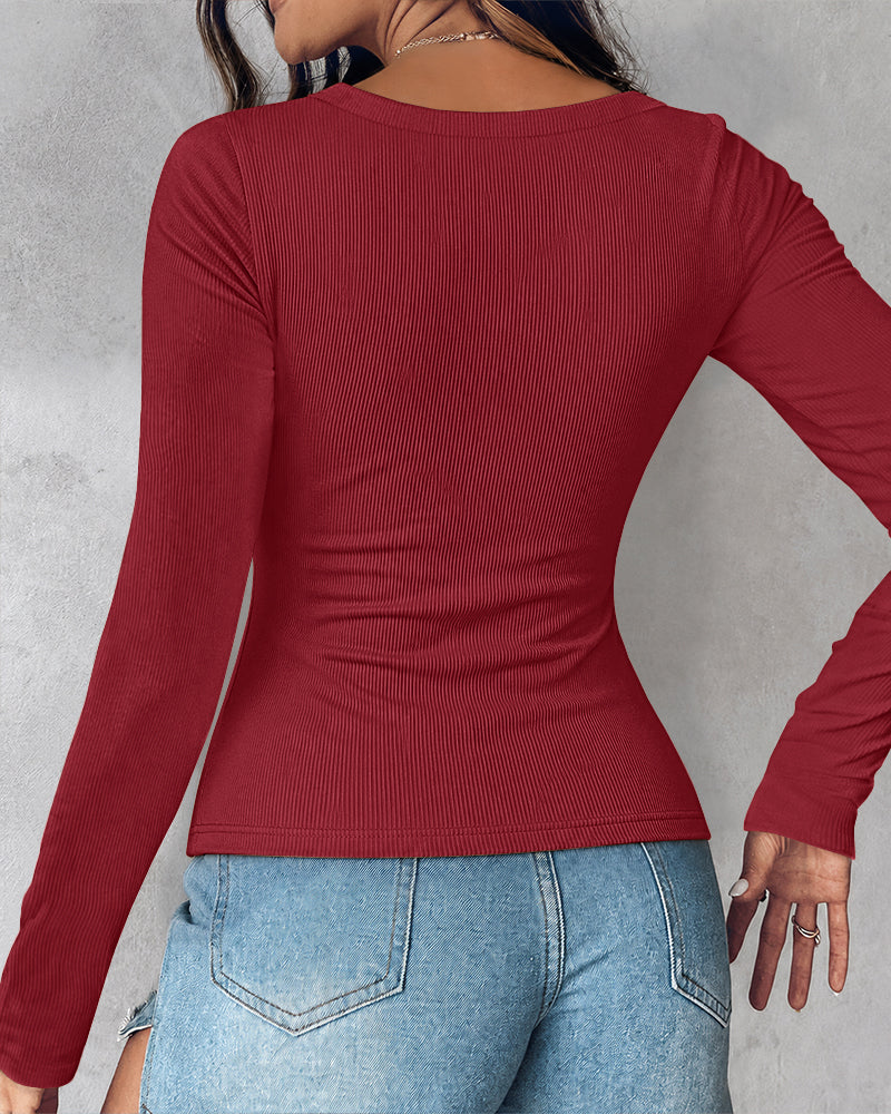 ChicMe Built-in Bra U-Neck Long Sleeve Ribbed Top