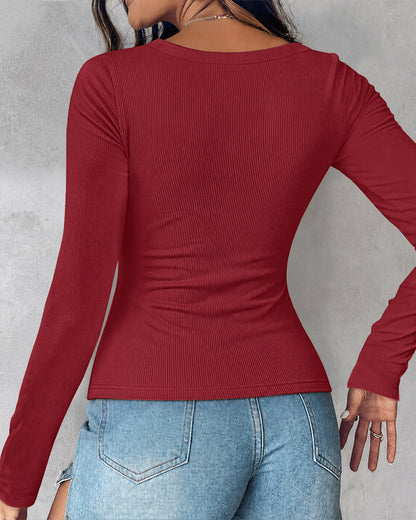 ChicMe Built-in Bra U-Neck Long Sleeve Ribbed Top