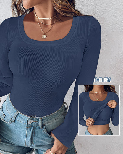 ChicMe Built-in Bra U-Neck Long Sleeve Ribbed Top