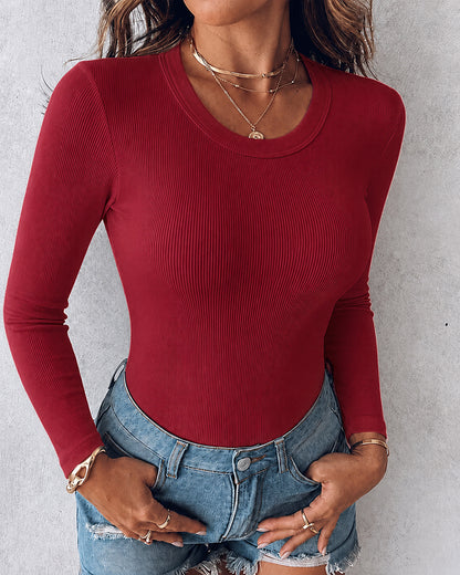 Women's V Neck Long Sleeve Ribbed Knit Top Slim Fit Base Layer Shirt Soft Stretchy Casual Tee with Built-in Bra