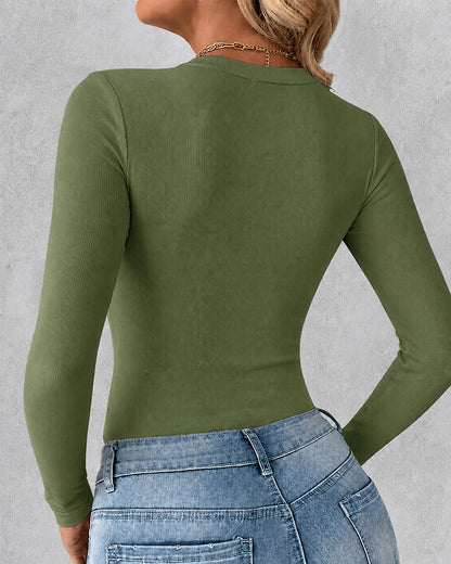 Women's V Neck Long Sleeve Ribbed Knit Top Slim Fit Base Layer Shirt Soft Stretchy Casual Tee with Built-in Bra