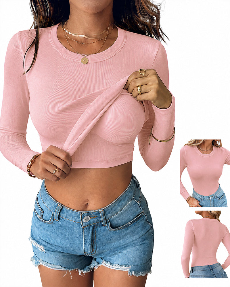 Women's V Neck Long Sleeve Ribbed Knit Top Slim Fit Base Layer Shirt Soft Stretchy Casual Tee with Built-in Bra