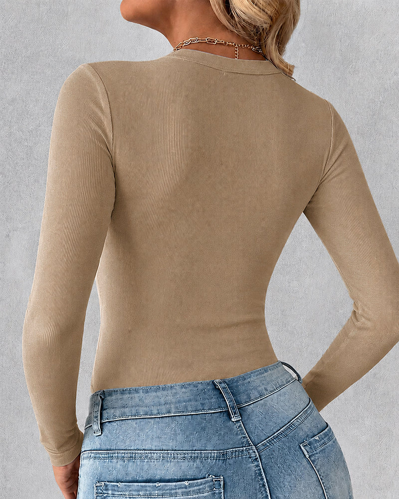 Women's V Neck Long Sleeve Ribbed Knit Top Slim Fit Base Layer Shirt Soft Stretchy Casual Tee with Built-in Bra