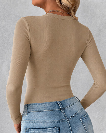 Women's V Neck Long Sleeve Ribbed Knit Top Slim Fit Base Layer Shirt Soft Stretchy Casual Tee with Built-in Bra