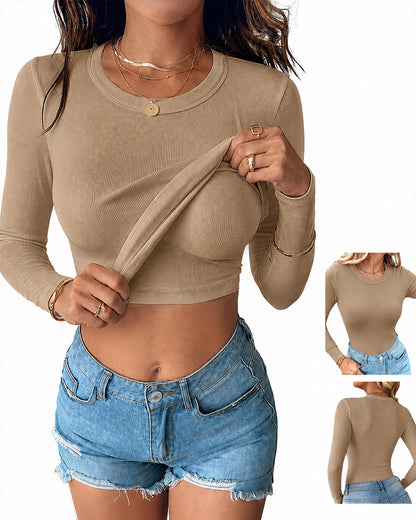 Women's V Neck Long Sleeve Ribbed Knit Top Slim Fit Base Layer Shirt Soft Stretchy Casual Tee with Built-in Bra