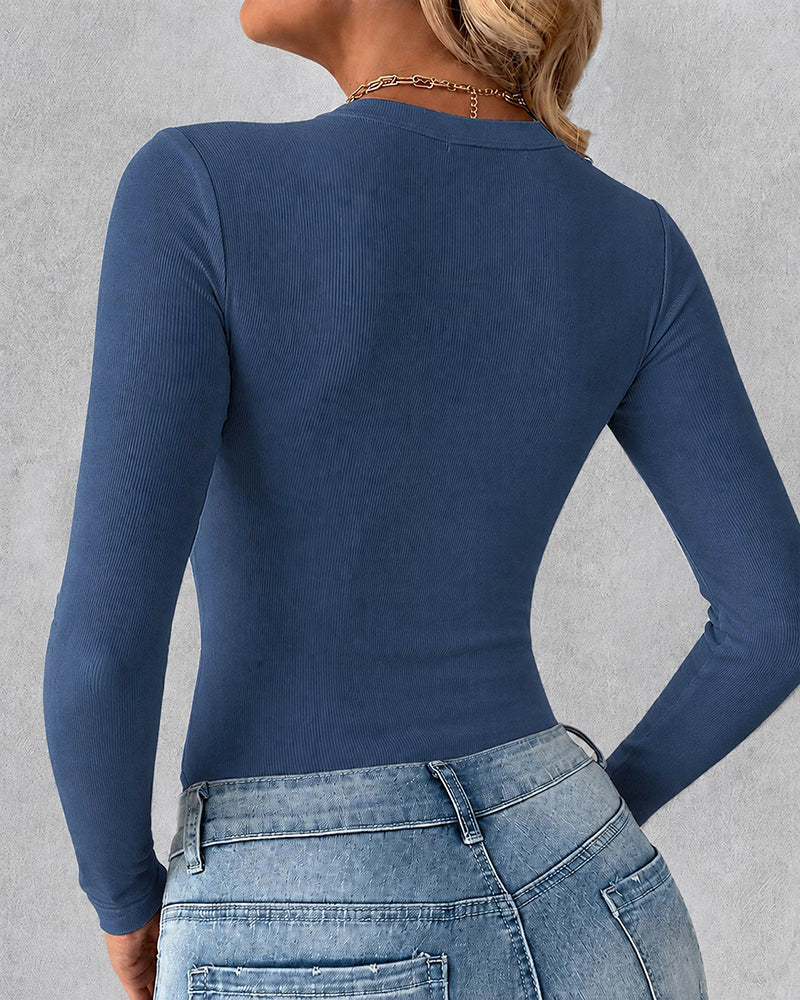 Women's V Neck Long Sleeve Ribbed Knit Top Slim Fit Base Layer Shirt Soft Stretchy Casual Tee with Built-in Bra