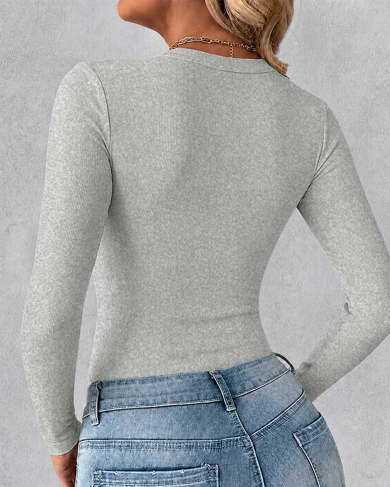 Women's V Neck Long Sleeve Ribbed Knit Top Slim Fit Base Layer Shirt Soft Stretchy Casual Tee with Built-in Bra