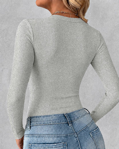 Women's V Neck Long Sleeve Ribbed Knit Top Slim Fit Base Layer Shirt Soft Stretchy Casual Tee with Built-in Bra