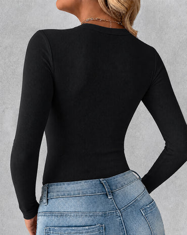 Women's V Neck Long Sleeve Ribbed Knit Top Slim Fit Base Layer Shirt Soft Stretchy Casual Tee with Built-in Bra