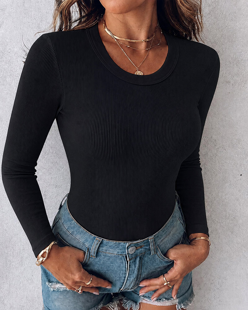 Women's V Neck Long Sleeve Ribbed Knit Top Slim Fit Base Layer Shirt Soft Stretchy Casual Tee with Built-in Bra